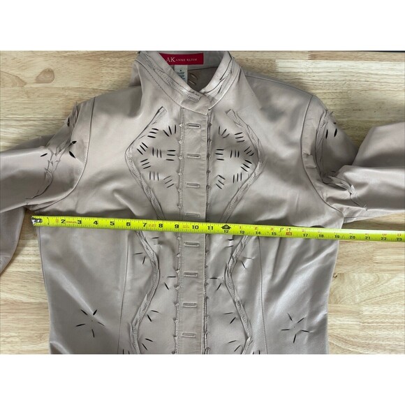 AK ANNE KLEIN Tan Cutaway Leather Jacket Blazer Button Stand Up Collar Sz M - Picture 6 of 10